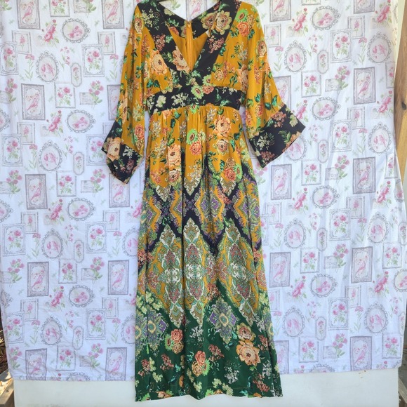 Anthropologie Dresses & Skirts - NWT Anthropologie Printed V-Neck Maxi Dress Floral Boho Bell Sleeve Mustard Sz 4